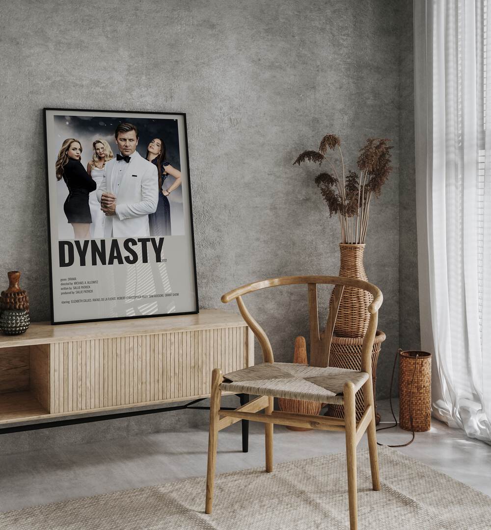 Dynasty 2017 ii Movie Posters in Black Plain Frame placed on a table beside oakwood chair