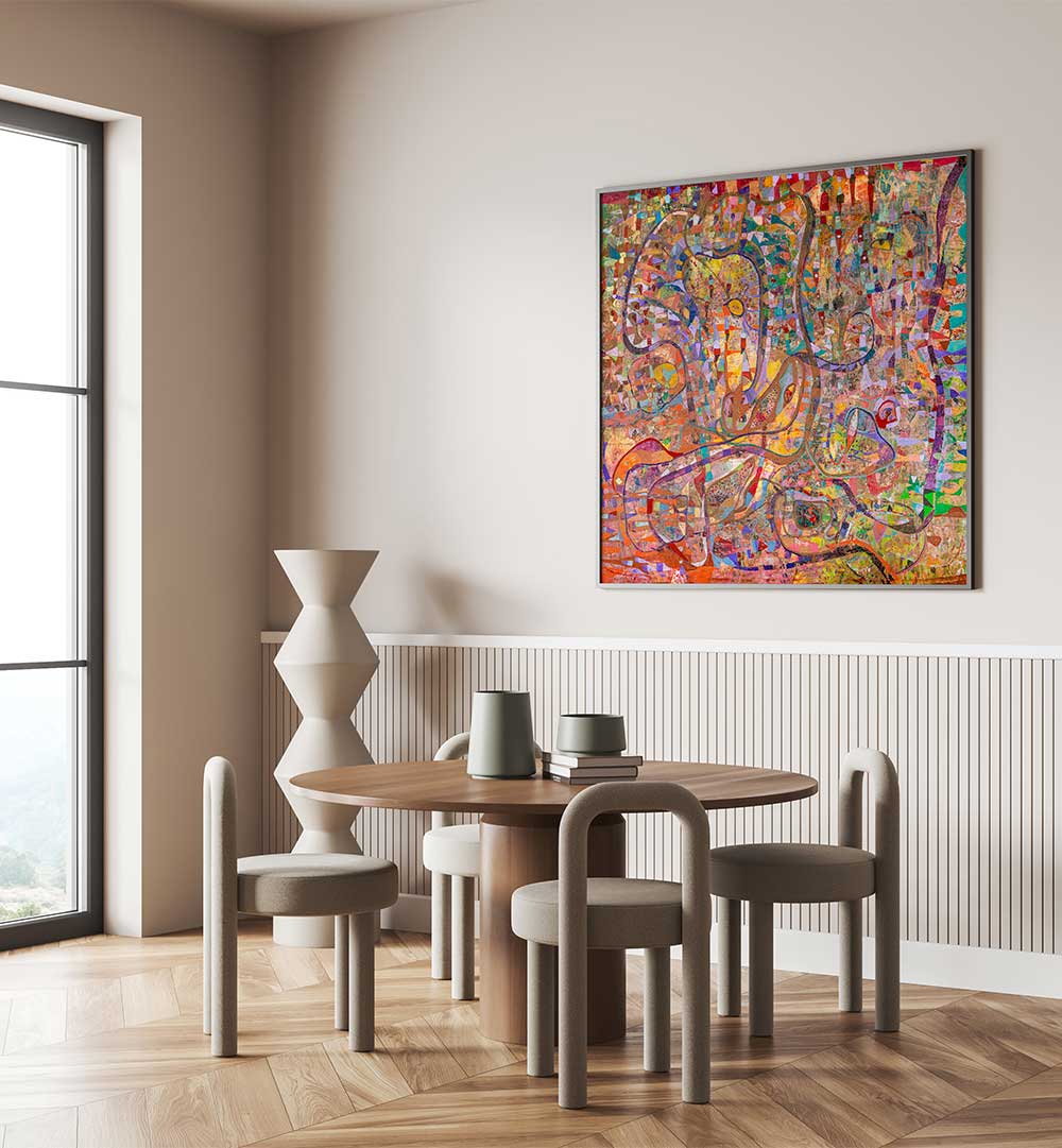 Colorful textured canvas DYSTOPIA , ABSTRACT PAINTINGS above dining table in minimalist modern interior