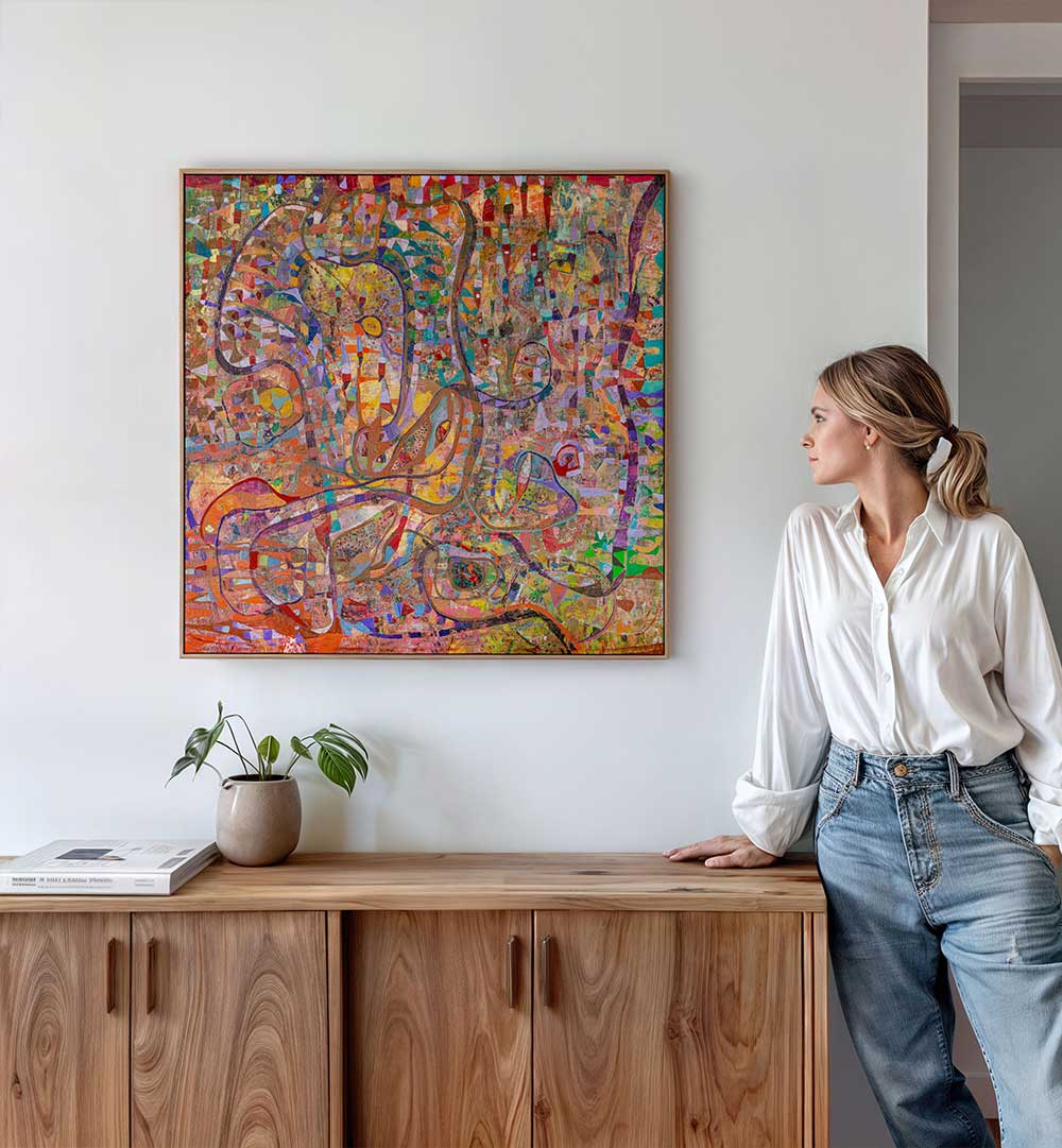 DYSTOPIA , ABSTRACT PAINTINGS vibrant layered canvas above wood sideboard in modern home interior with woman viewing