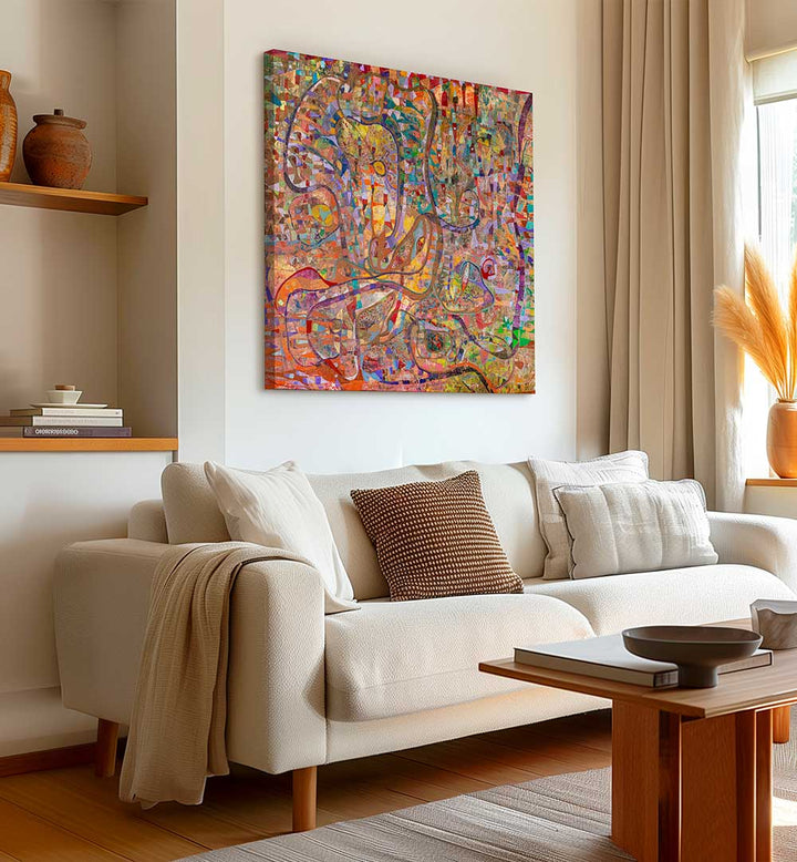 DYSTOPIA , ABSTRACT PAINTINGS vibrant textured canvas above a neutral sofa in a sunlit modern living room