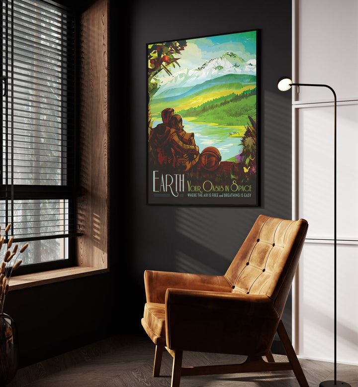 Earth Astronaut & Nasa Paintings, Space Art Prints Artwork in Black Plain Frame placed on a Dark Grey Colored Wall in the Drawing Room


