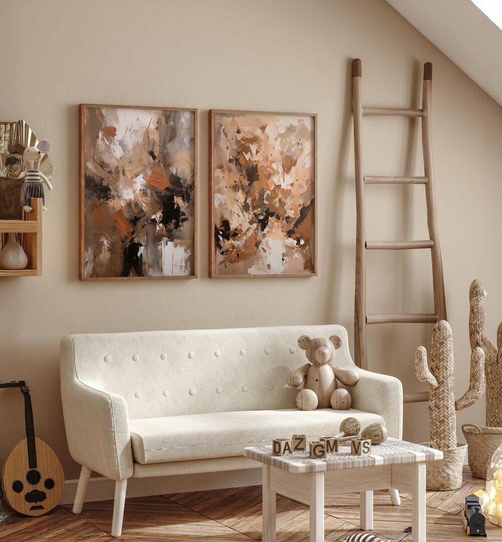 Stylish EARTHEN WHISPERS SET, SET OF 2 PAINTINGS enhancing cozy home decor with nature-inspired artistry.