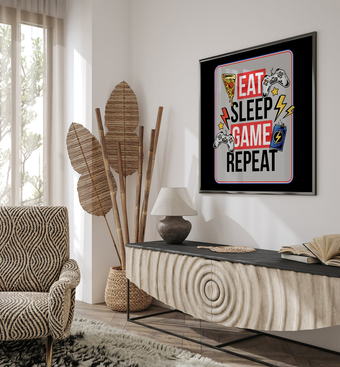 Eat Sleep Game Repeat  Gaming Art Artwork Placed on a wall In A Living Room 