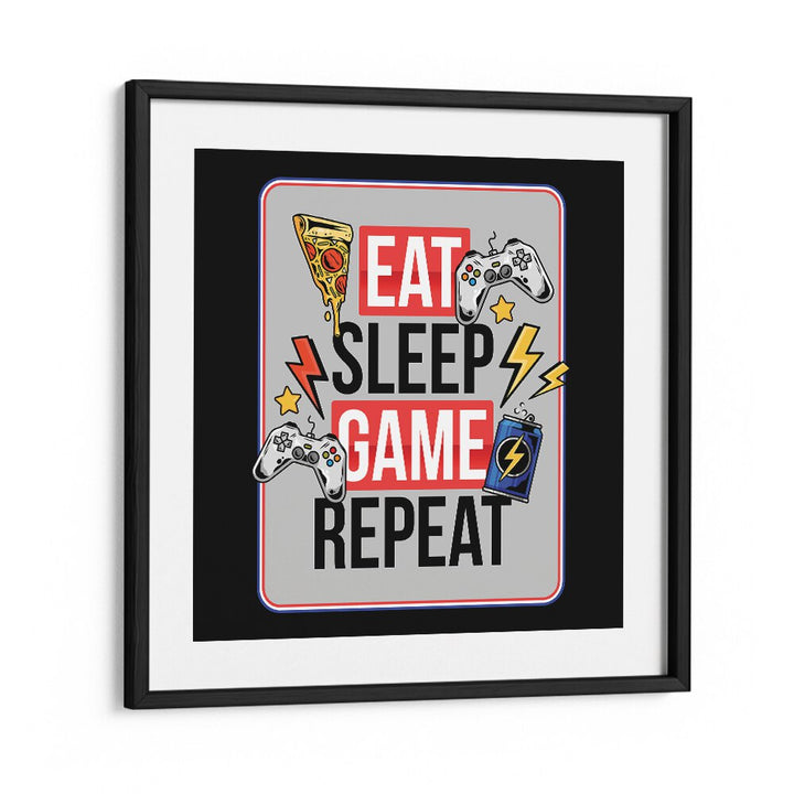 Eat Sleep Game Repeat Gaming Art Artwork in Black Frame With Mount