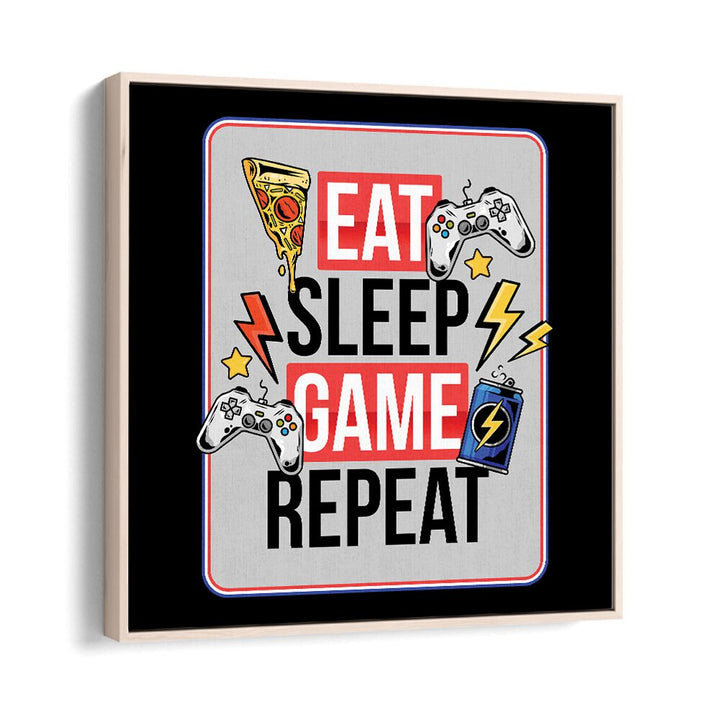 Eat Sleep Game Repeat Gaming Art Artwork in Oak Wood Floater Frame