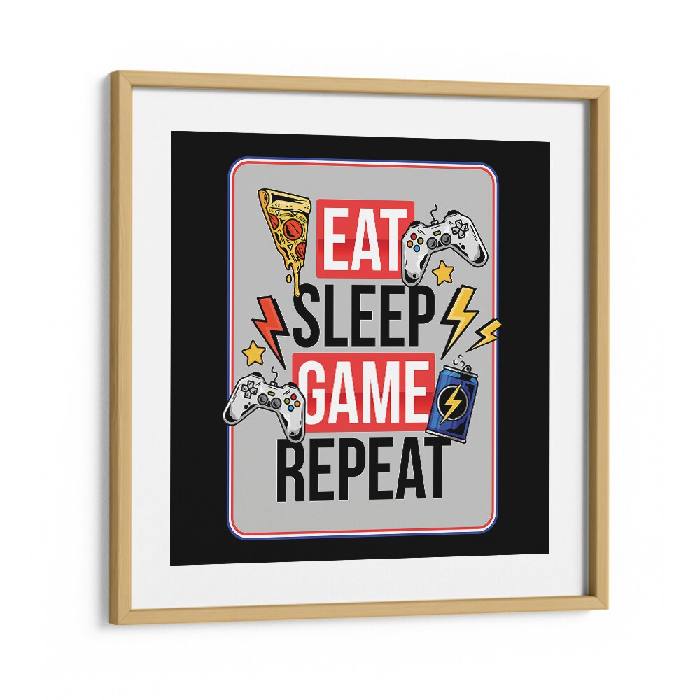 Eat Sleep Game Repeat Gaming Art Artwork in Oak Wood Frame With Mount