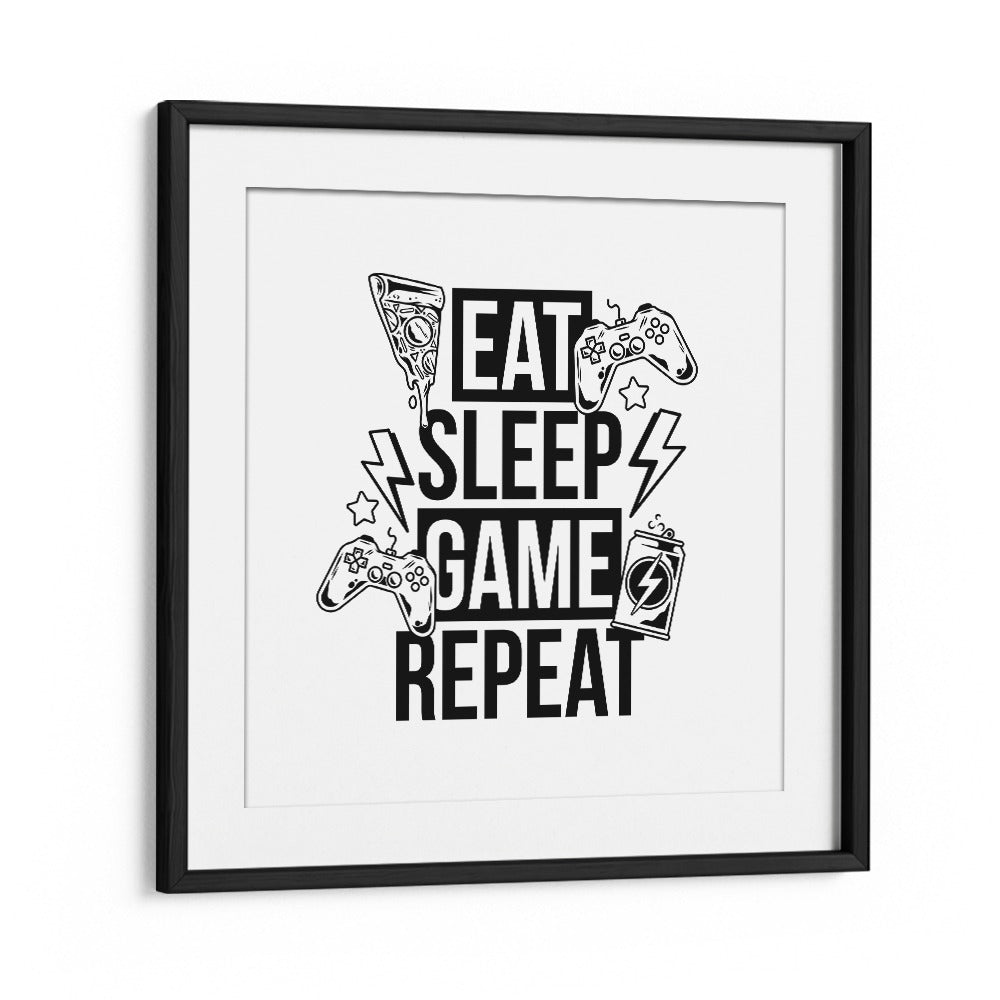 Eat Sleep Game Repeat II Gaming Art Artwork in Black Frame With Mount