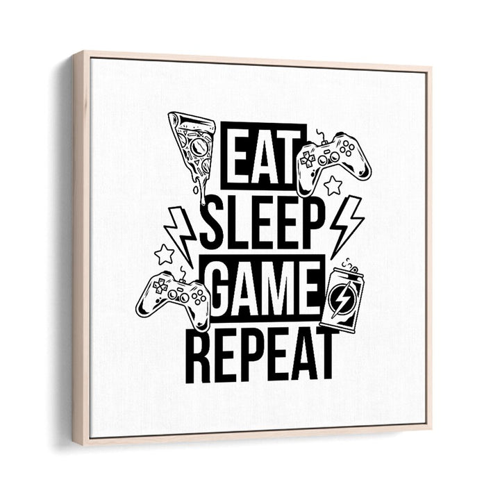 Eat Sleep Game Repeat II Gaming Art Artwork in Oak Wood Floater Frame