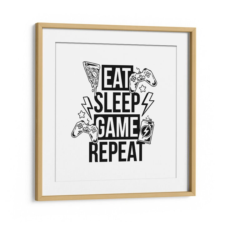 Eat Sleep Game Repeat II Gaming Art Artwork in Oak Wood Frame With Mount