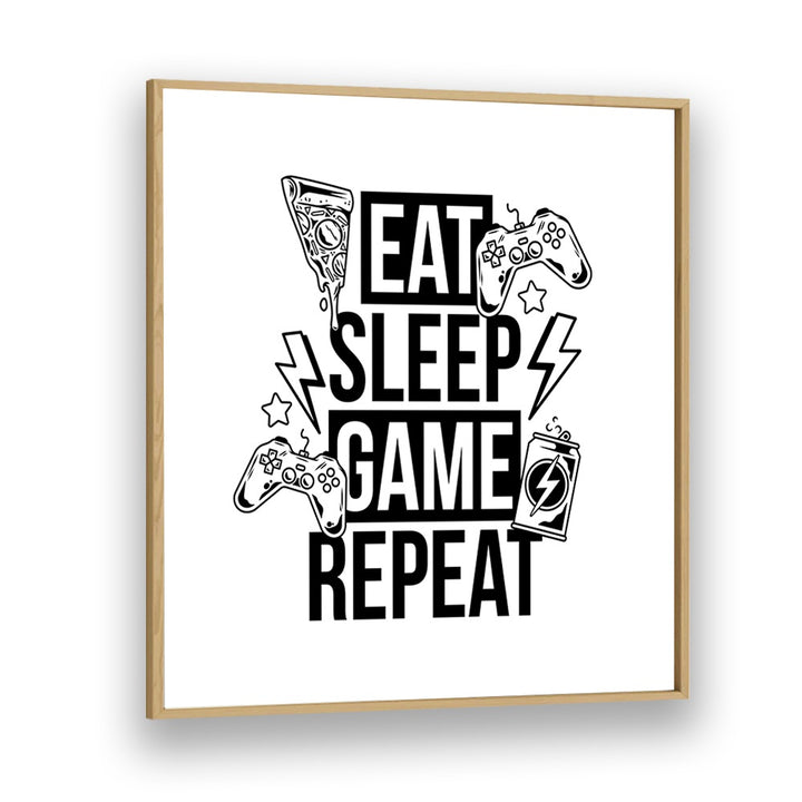 Eat Sleep Game Repeat II Gaming Art Artwork in Oak Wood Plain Frame