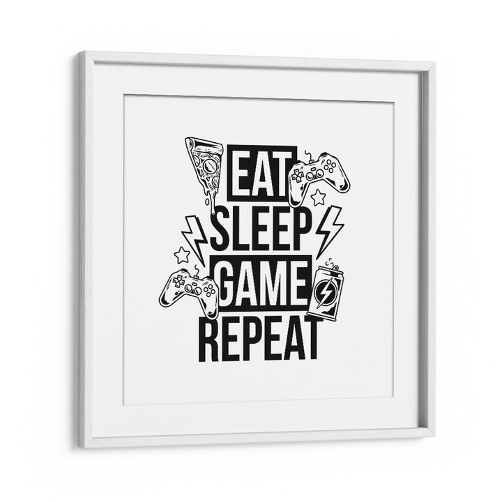 Eat Sleep Game Repeat II Gaming Art Artwork in White Frame With Mount