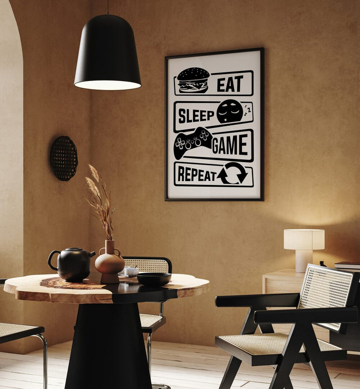 Eat Sleep Game Repeat III Gaming Art Painting Artwork in plain black frame behind dinner table for dining room