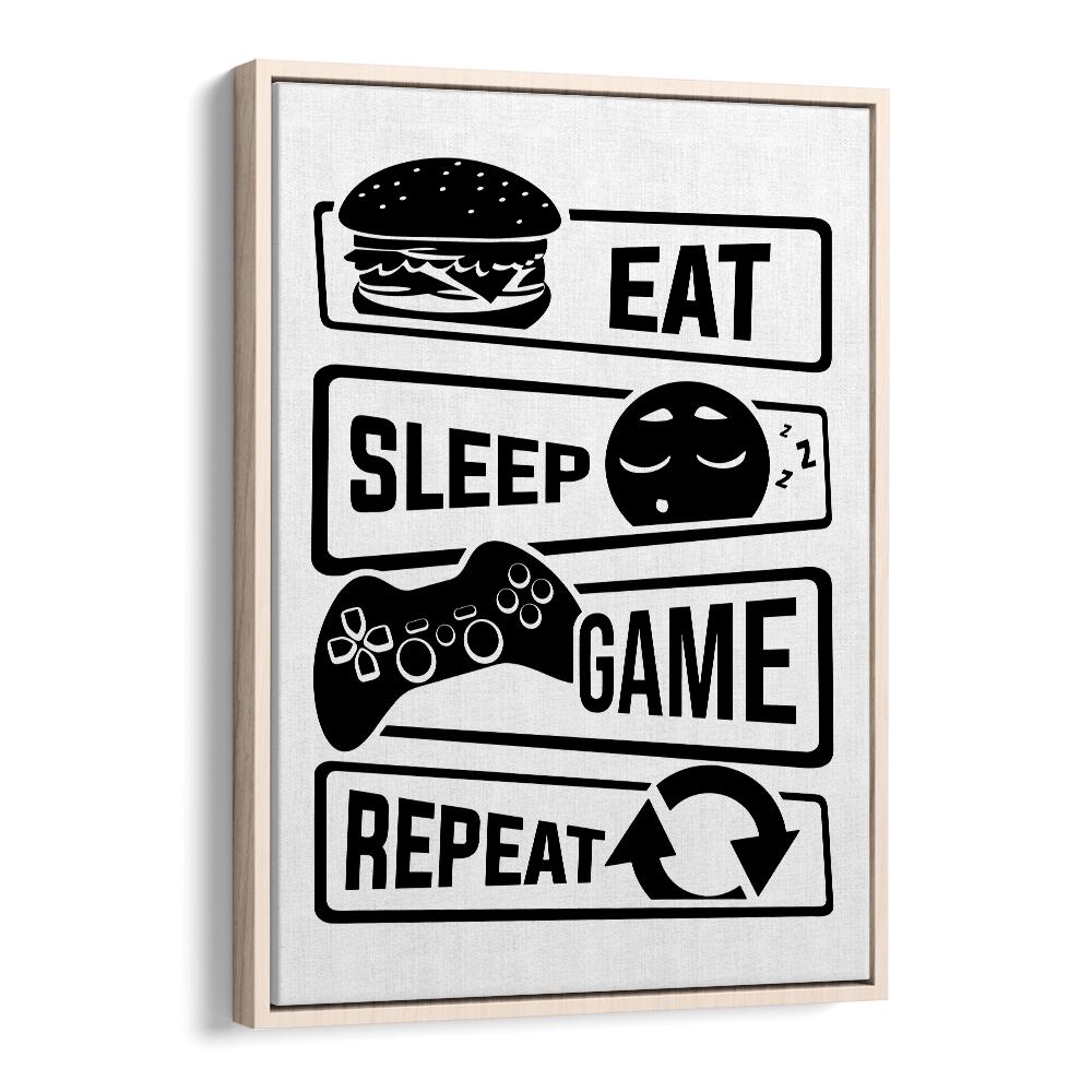 Eat Sleep Game Repeat III Gaming Art Artwork in Oak Wood Floater Frame