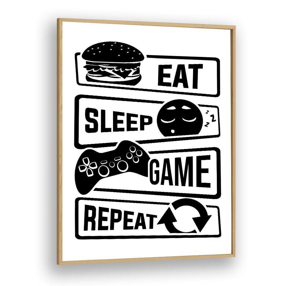 Eat Sleep Game Repeat III Gaming Art Artwork in Oak Wood Plain Frame