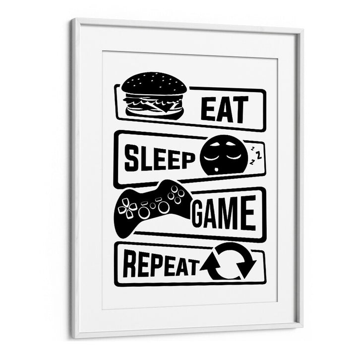 Eat Sleep Game Repeat III Gaming Art Artwork in White Frame With Mount