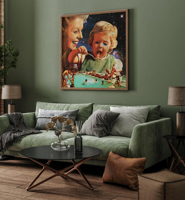 Eat Up  Surreal Surreal Art Painting Artwork in plain oakwood frame behind a sofa for living room