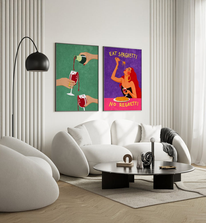 
"Modern dining room interior with a sleek black table, gray upholstered chairs, and a vibrant set of two framed wall art pieces. The artwork includes a green print of wine being poured and a colorful 'Eat Spaghetti No Regretti' illustration, adding bold personality and playful charm to the dark-toned space. Perfect for contemporary home decor inspiration."