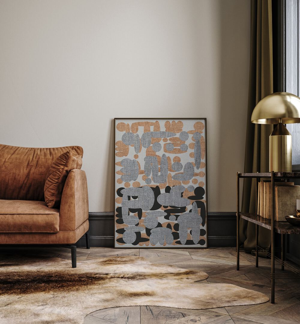 Stylish living room featuring EBONY SHAPES III, ABSTRACT PAINTINGS, enhancing elegance and sophistication in décor.