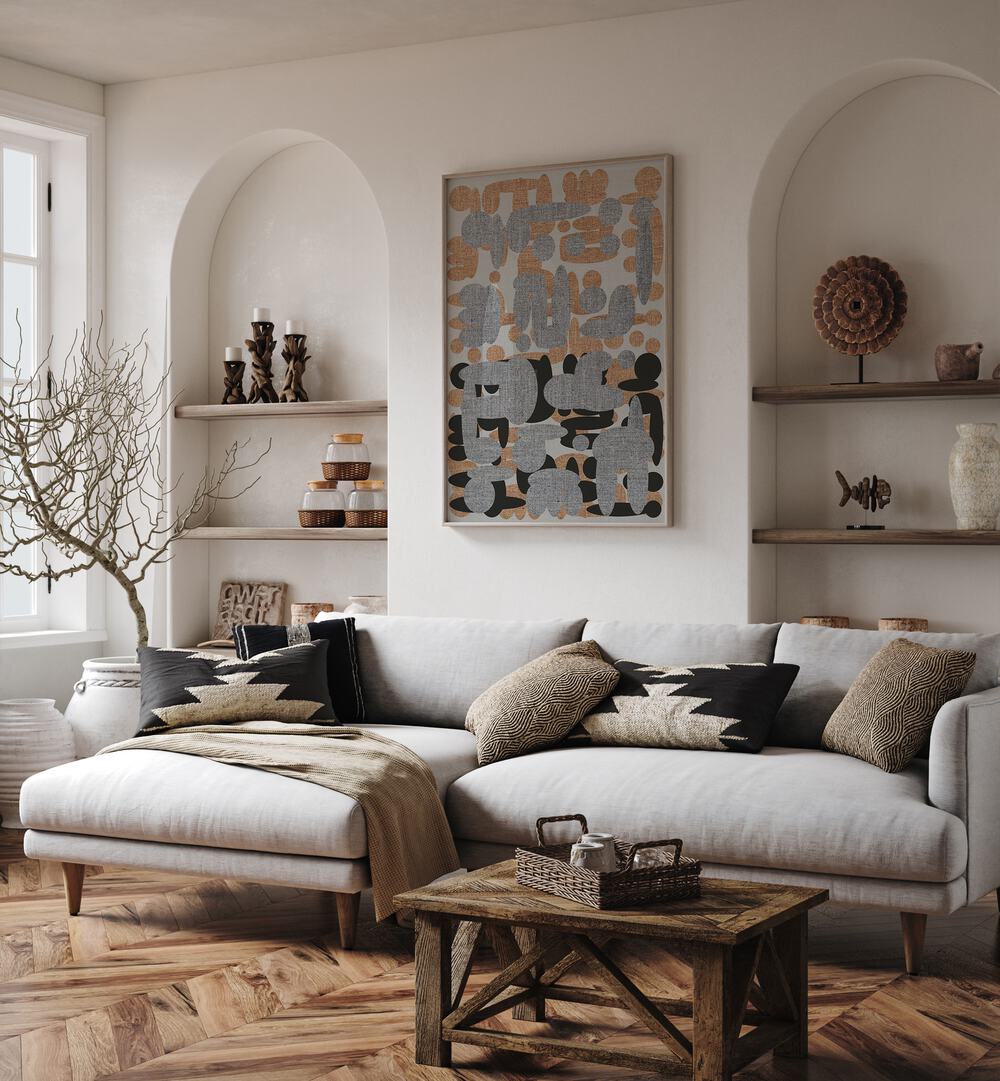 Stylish living room featuring EBONY SHAPES III, ABSTRACT PAINTINGS, adding elegance and sophistication to any space.