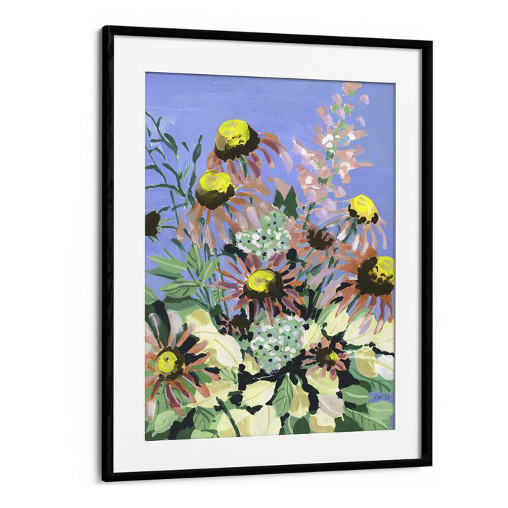 Echinacea Blue SkyBy Ania Zwara Botanical Flower Paintings Artwork  in Black Frame With Mount