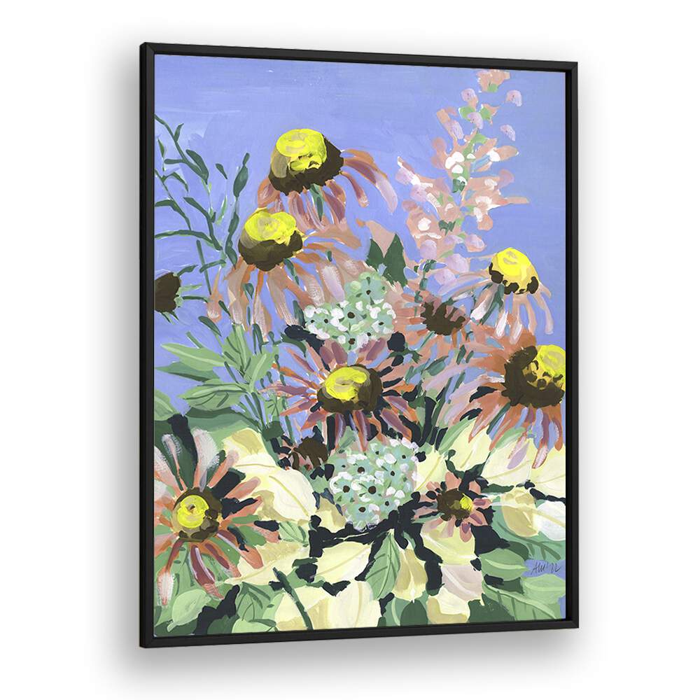 Echinacea Blue Sky By Ania Zwara Botanical Flower Paintings Artwork  in Black Plain Frame