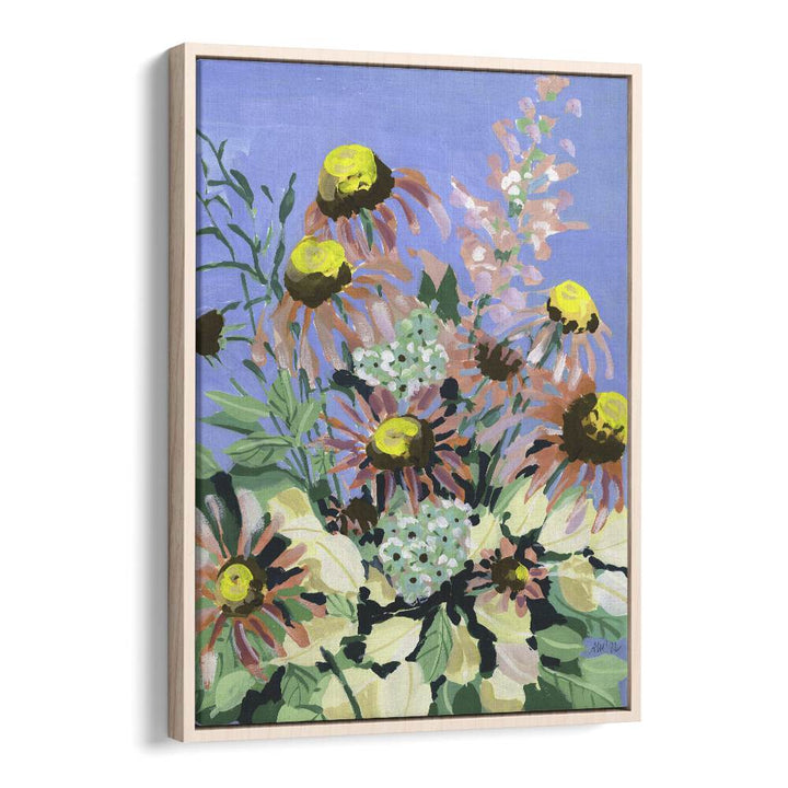 Echinacea Blue Sky   By Ania Zwara Botanical Flower Paintings Artwork in Oak Wood Floater Frame