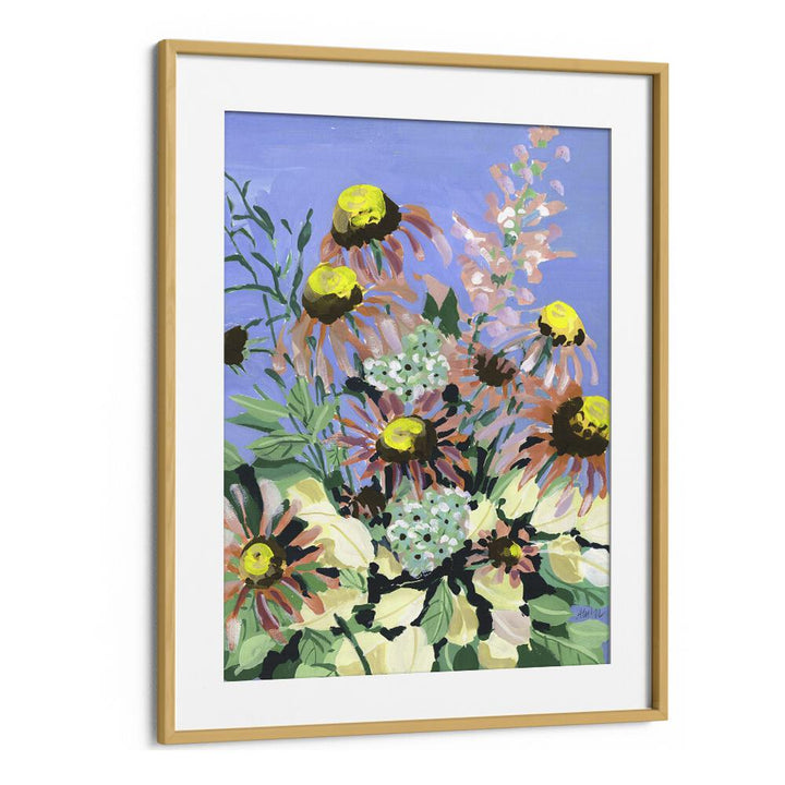 Echinacea Blue Sky By Ania Zwara Botanical Flower Paintings Artwork in Oak Wood Frame With Mount