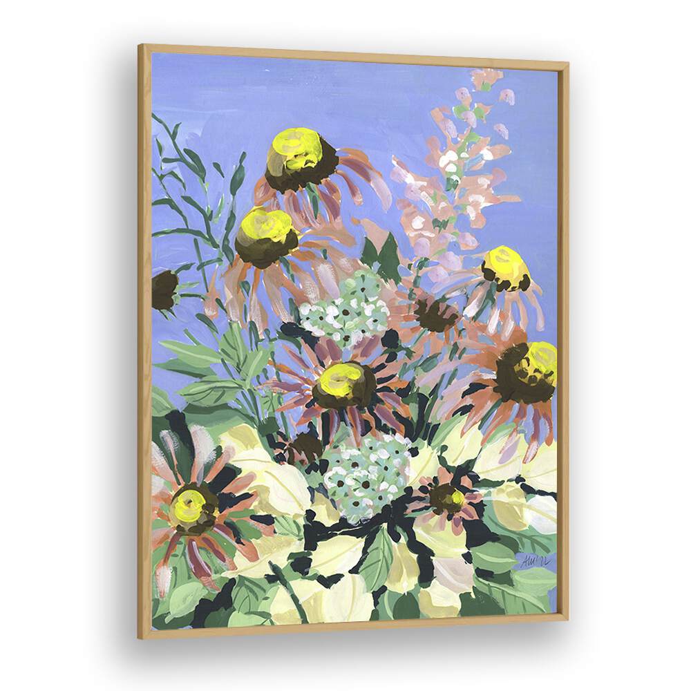 Echinacea Blue Sky By Ania Zwara Botanical Flower Paintings Artwork in Oak Wood Plain Frame