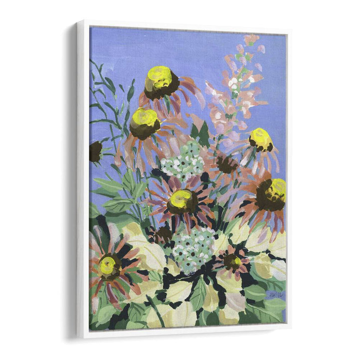 Echinacea Blue Sky  By Ania Zwara Botanical Flower Paintings Artwork  in White Floater Frame