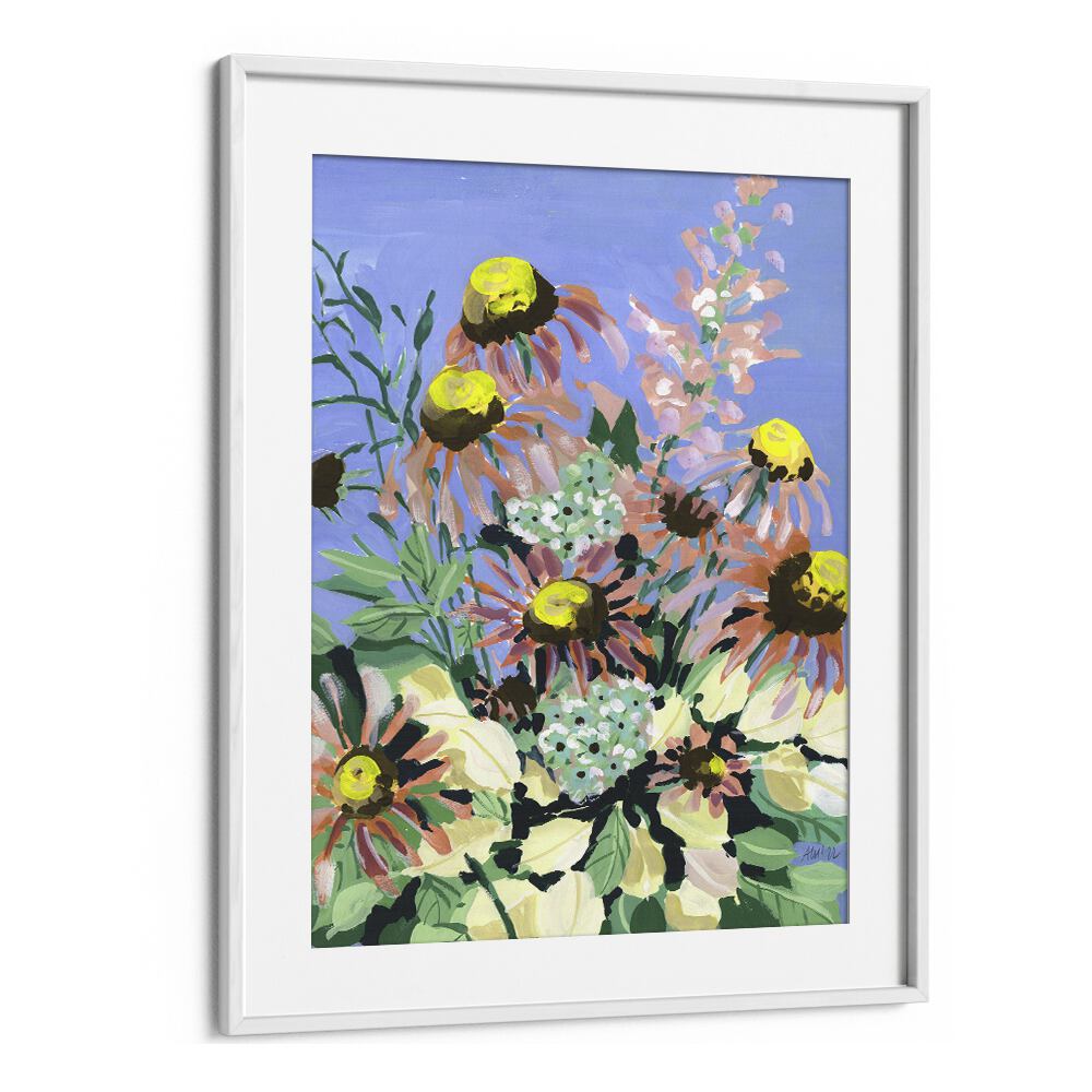 Echinacea Blue Sky  By Ania Zwara Botanical Flower Paintings Artwork  in White frame With Mount