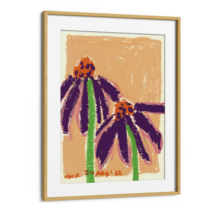 Echinacea By Ania Zwara Botanical Flower Paintings Artwork in Oak Wood Frame With Mount