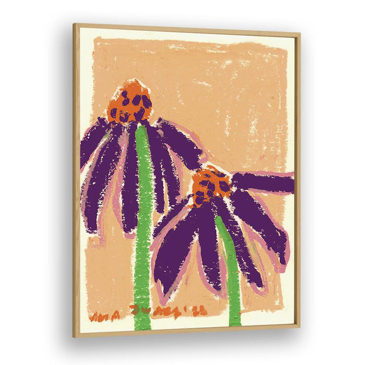 Echinacea  By Ania Zwara Botanical Flower Paintings Artwork in Oak Wood Plain Frame