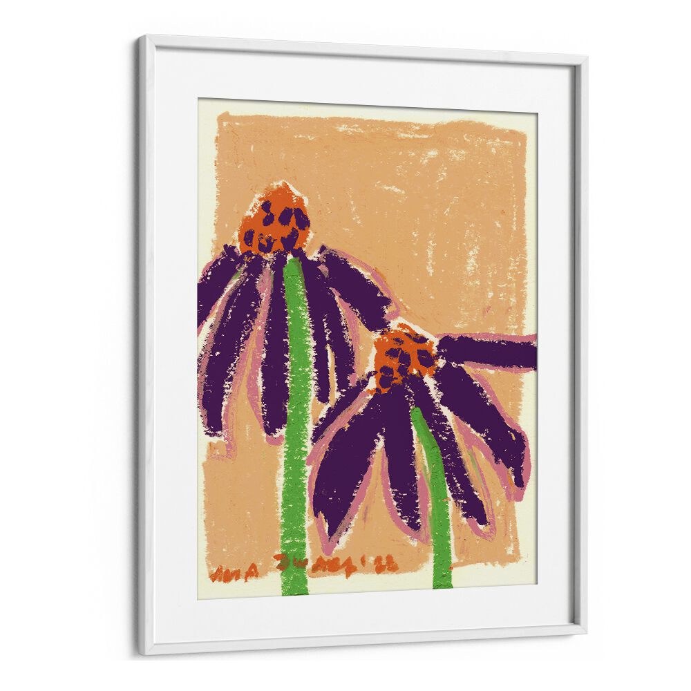 Echinacea  By Ania Zwara Botanical Flower Paintings Artwork  in White frame With Mount