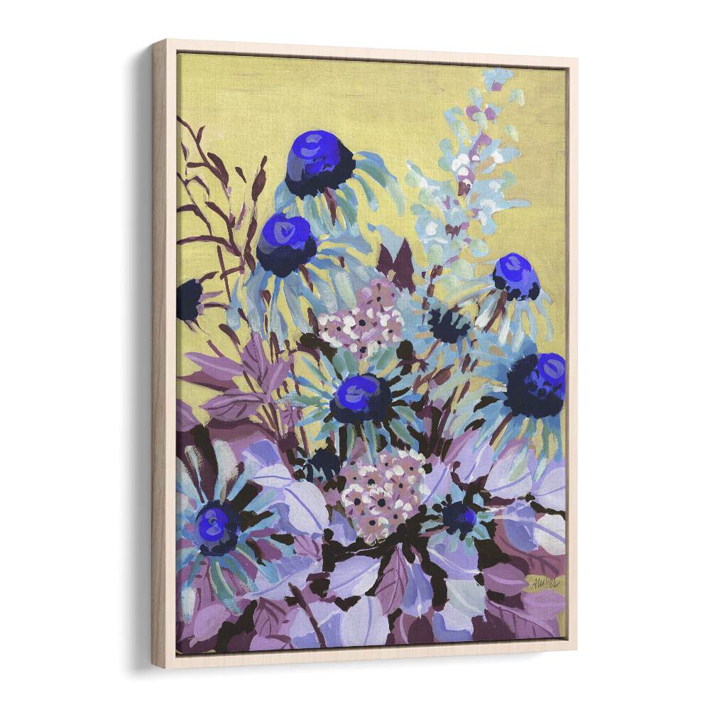 Echinacea Cobalt Blue  By Ania Zwara Botanical Flower Paintings Artwork in Oak Wood Floater Frame