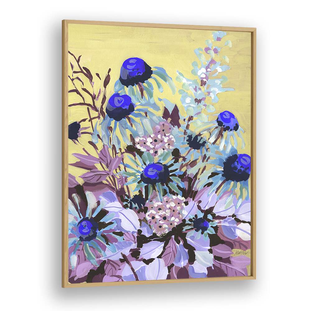 Echinacea Cobalt Blue By Ania Zwara Botanical Flower Paintings Artwork in Oak Wood Plain Frame