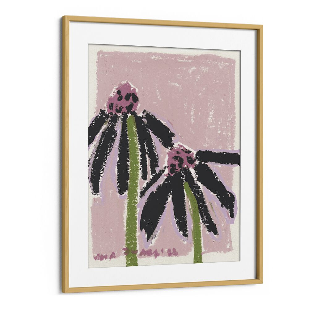 Echinacea Pale  By Ania Zwara Botanical Flower Paintings Artwork in Oak Wood Frame With Mount