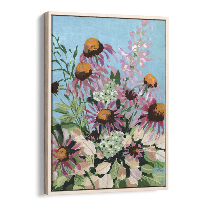 Echinacea Purpurea  By Ania Zwara Botanical Flower Paintings Artwork in Oak Wood Floater Frame