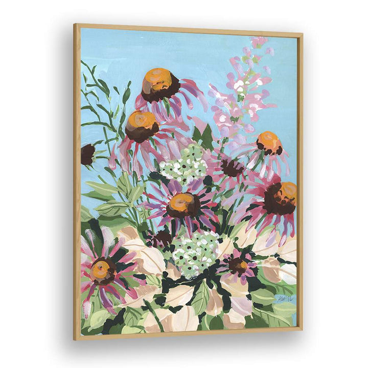 Echinacea Purpurea  By Ania Zwara Botanical Flower Paintings Artwork in Oak Wood Plain Frame