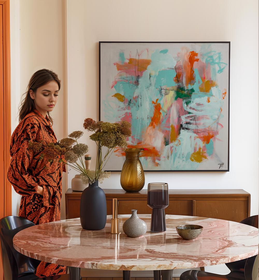 Vibrant ECHOES OF COLOR, ABSTRACT PAINTINGS enhance the modern space, adding emotional depth and conversation starters.
