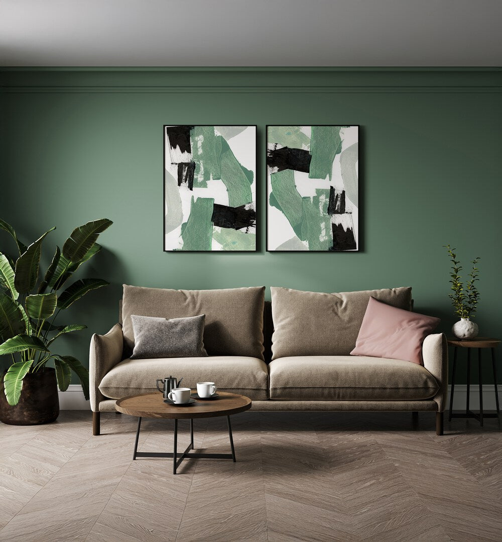 ECHOES OF JADE SET, SET OF 2 PAINTINGS adds elegance and tranquility to any living space with its serene design.