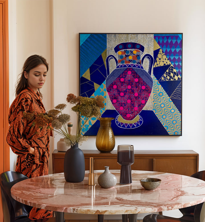Stylish Eclectic Vase beside pop art painting, adding charm and flair to any space. Perfect for home decor lovers.