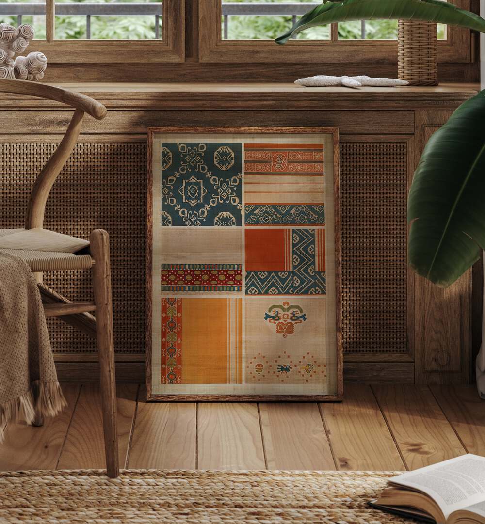 Egyptian Pattern Egyptian Art Artwork in oakwood plain frame beside a wooden chair