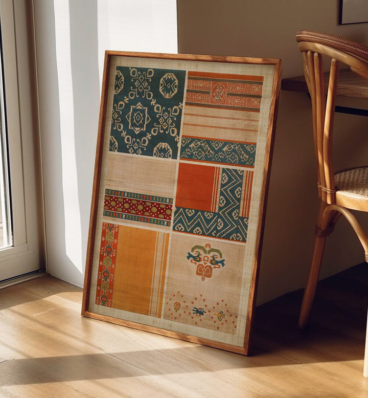 Egyptian Pattern Egyptian Art Artwork in oakwood plain frame beside a wooden chair on a wooden floor