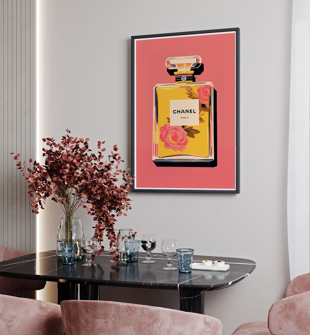 Elegance In A Bottle Fashion Art  Artwork in Gallery Wrap Artwork Placed on a wall In A Living Room 