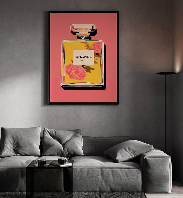 Elegance In A Bottle Fashion Art  Artwork in Gallery Wrap Artwork Placed on a wall In A Living Room 