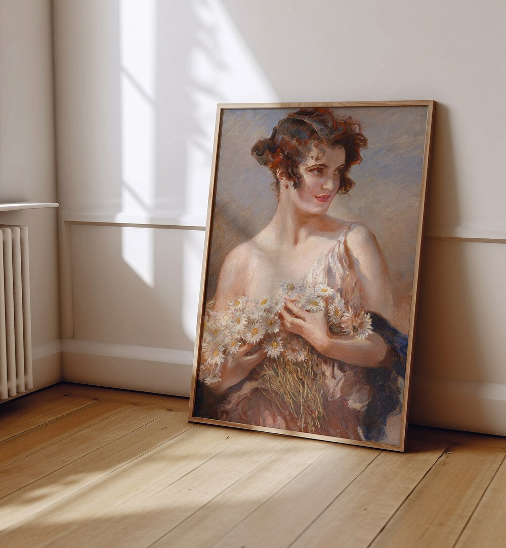 Elegance In Bloom: Dame Mit Margeritenstrau Vintage Art Painting Artwork in plain dark wood frame on a wooden floor