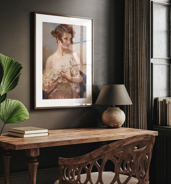 Elegance In Bloom: Dame Mit Margeritenstrau Vintage Art Painting Artwork in darkwood frame with mount above a study table beside a lamp for study room 