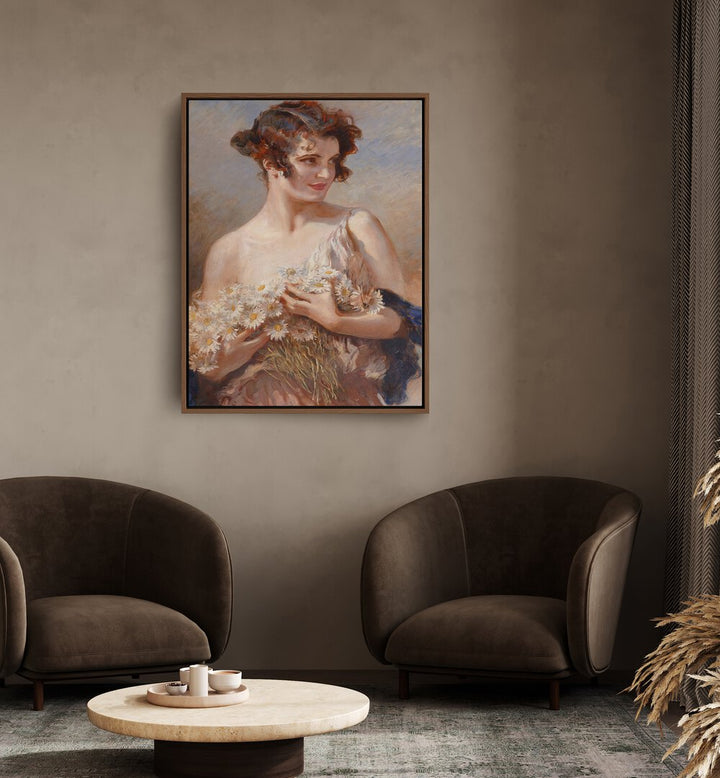 Elegance In Bloom: Dame Mit Margeritenstrau Vintage Art Painting Artwork in oakwood floater frame behind brown chairs on a beige wall