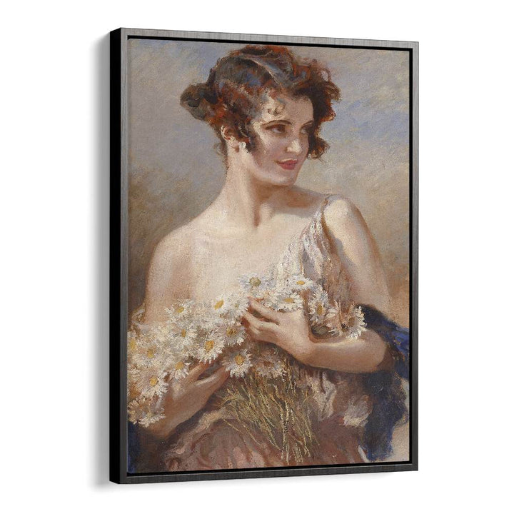 Elegance In Bloom: Dame Mit Margeritenstrau Vintage Art Artwork in Black Floater Frame