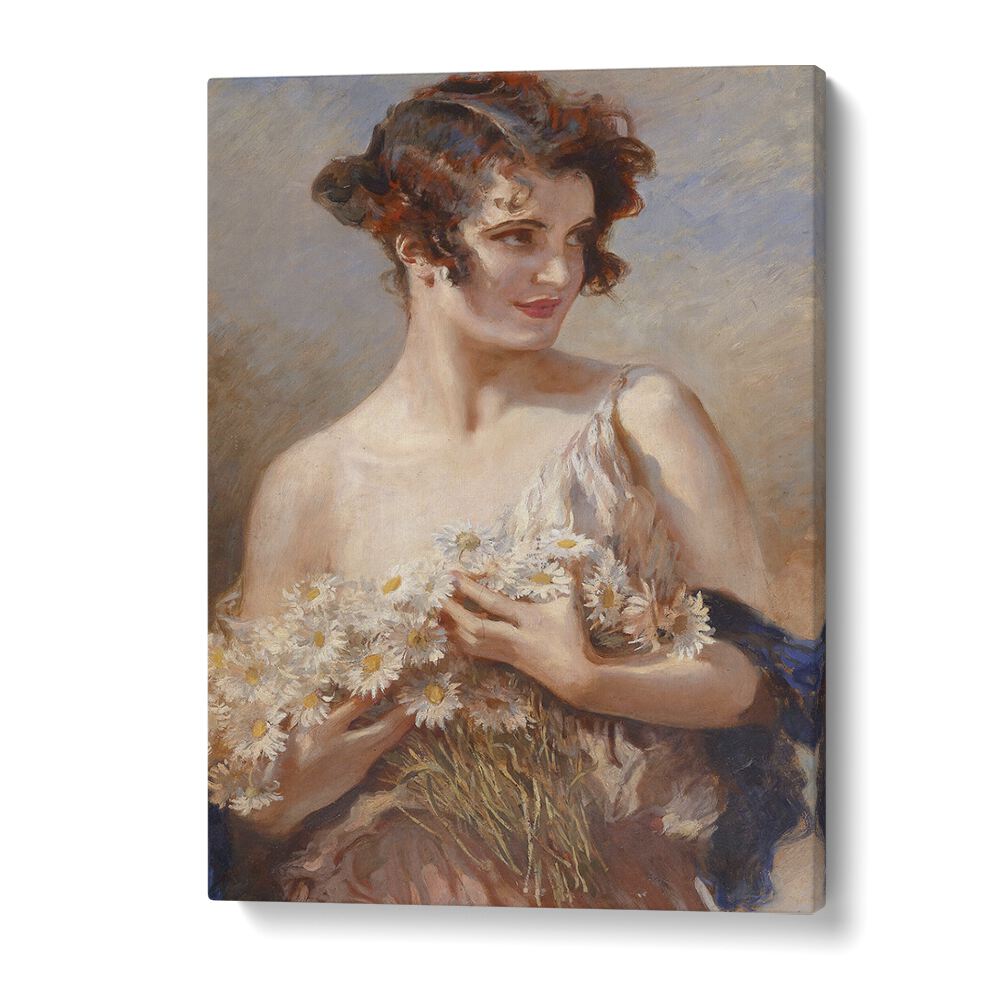 Elegance In Bloom: Dame Mit Margeritenstrau Vintage Art Artwork in Gallery Wrap